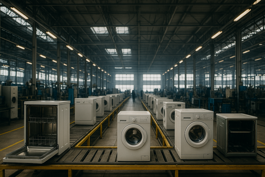Un atelier d'électroménager en pleine production, avec des lave-vaisselles et des lave-linges partiellement assemblés sur un convoyeur jaune, sous une lumière naturelle abondante filtrée par les fenêtres de toit.