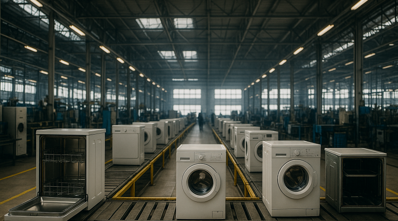 Un atelier d'électroménager en pleine production, avec des lave-vaisselles et des lave-linges partiellement assemblés sur un convoyeur jaune, sous une lumière naturelle abondante filtrée par les fenêtres de toit.