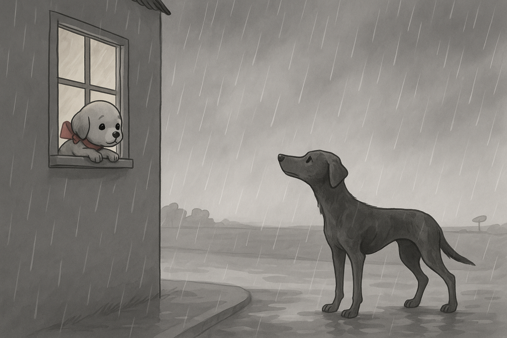 Un chiot au chaud regarde un chien trempé sous la pluie depuis la fenêtre d’une maison.