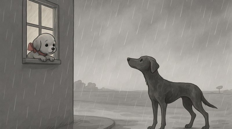 Un chiot au chaud regarde un chien trempé sous la pluie depuis la fenêtre d’une maison.