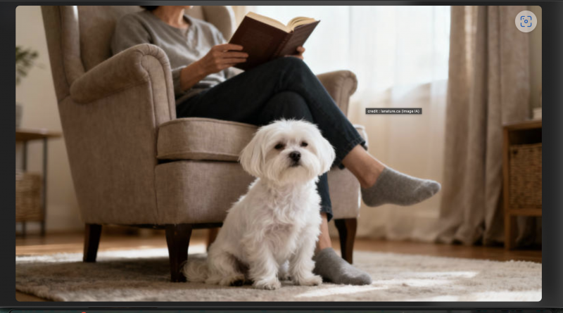 Petit chien blanc assis calmement sur un tapis dans un appartement lumineux, près d’une personne installée dans un fauteuil, illustrant une vie paisible et adaptée à l’environnement intérieur