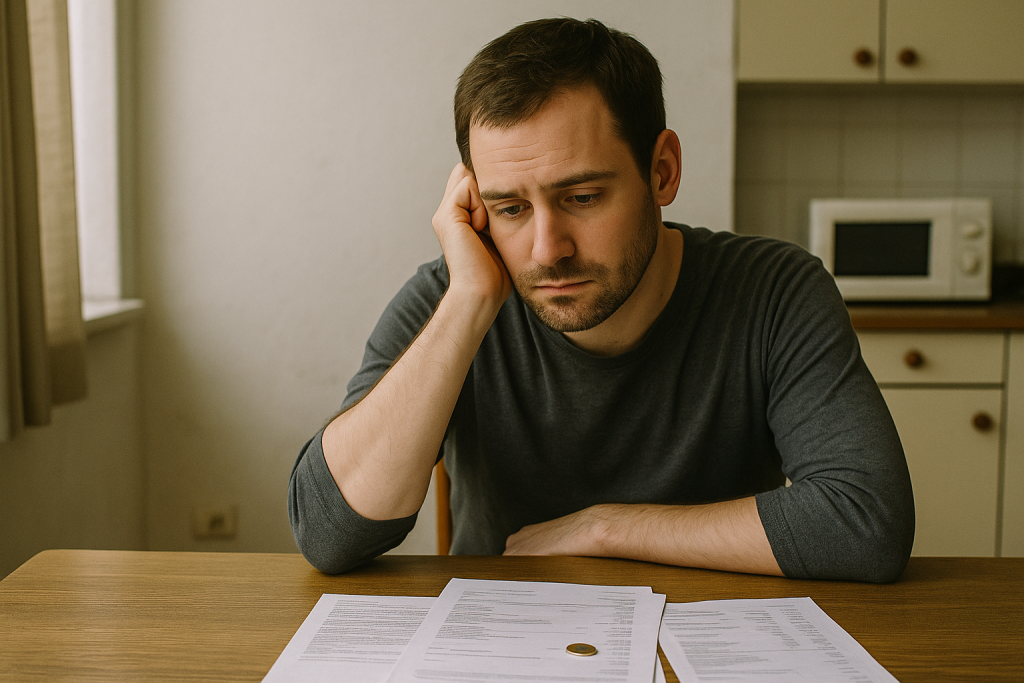 Homme assis à une table en bois, regard concentré sur des documents administratifs étalés devant lui, lumière naturelle entrant par une fenêtre, intérieur simple et sobre évoquant des difficultés financières.