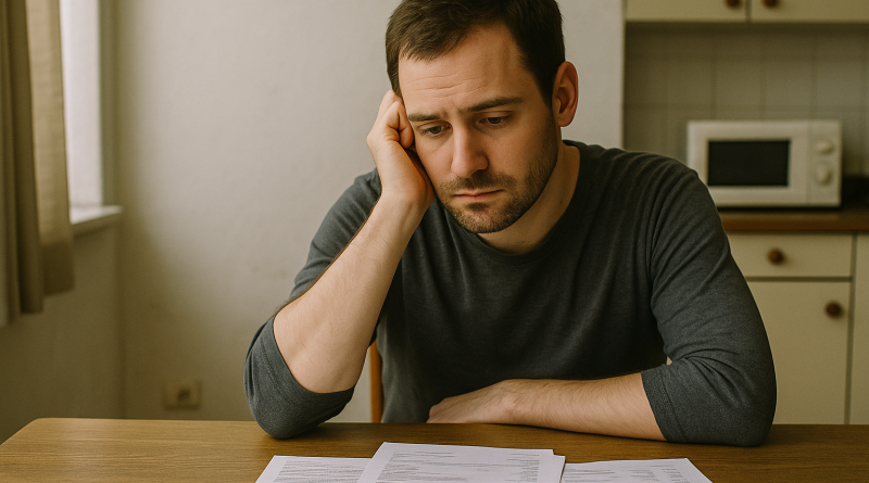 Homme assis à une table en bois, regard concentré sur des documents administratifs étalés devant lui, lumière naturelle entrant par une fenêtre, intérieur simple et sobre évoquant des difficultés financières.