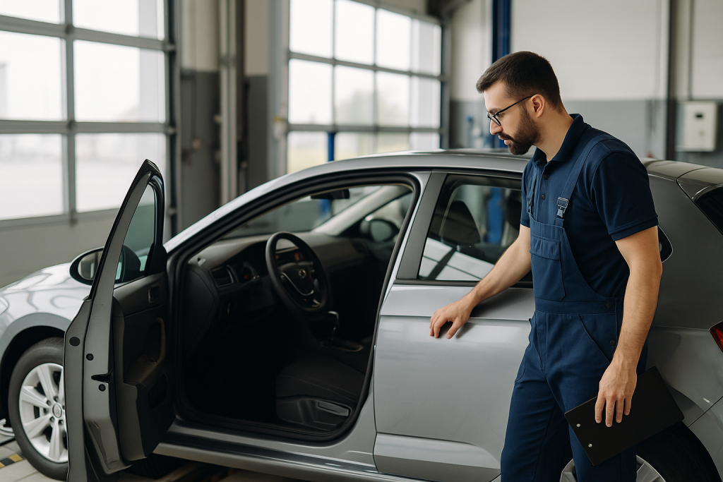 Voiture garée dans un centre d’inspection, avec un technicien examinant l’habitacle.