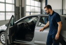 Voiture garée dans un centre d’inspection, avec un technicien examinant l’habitacle.