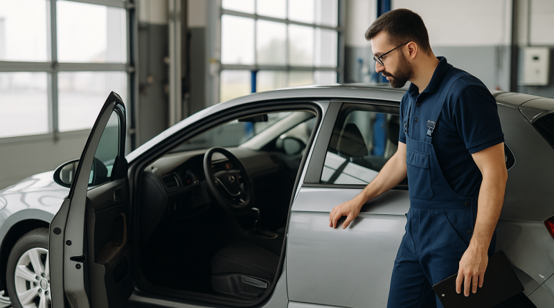 Voiture garée dans un centre d’inspection, avec un technicien examinant l’habitacle.