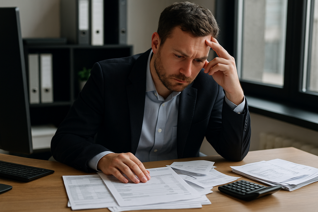 Un homme assis à un bureau, l’air soucieux, examine attentivement des documents financiers étalés devant lui, avec une calculatrice posée à côté, illustrant la charge économique liée à l’emploi salarié.