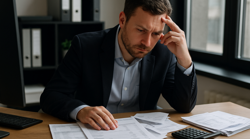 Un homme assis à un bureau, l’air soucieux, examine attentivement des documents financiers étalés devant lui, avec une calculatrice posée à côté, illustrant la charge économique liée à l’emploi salarié.