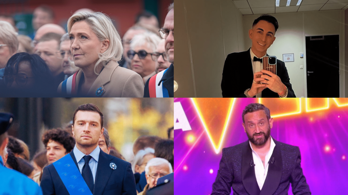 Montage de quatre portraits représentant des figures publiques issues des médias et de la politique française, photographiées dans des contextes différents, suggérant une co-présence médiatique sans interaction directe