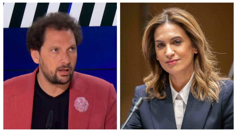 Portraits de deux personnes discutant dans des environnements médiatiques différents, illustrant un conflit d’opinions et une tension autour de l’actualité.