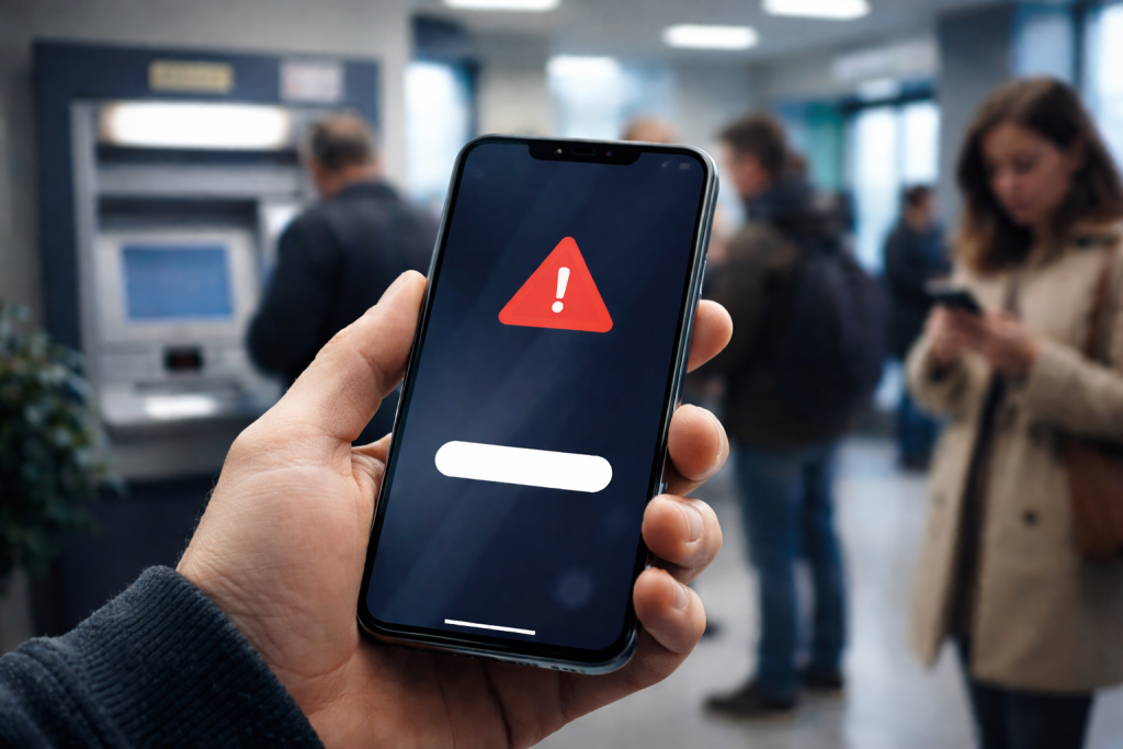 Main tenant un smartphone affichant un symbole d’alerte, avec des clients attendant devant des distributeurs automatiques dans une agence bancaire, illustrant une panne informatique des services bancaires.