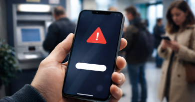 Main tenant un smartphone affichant un symbole d’alerte, avec des clients attendant devant des distributeurs automatiques dans une agence bancaire, illustrant une panne informatique des services bancaires.