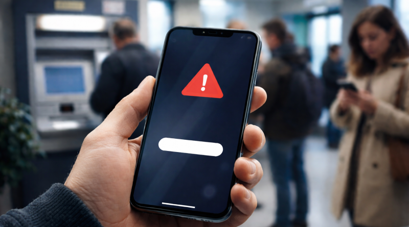 Main tenant un smartphone affichant un symbole d’alerte, avec des clients attendant devant des distributeurs automatiques dans une agence bancaire, illustrant une panne informatique des services bancaires.