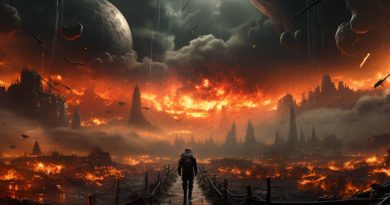 Paysage apocalyptique en flammes, silhouette solitaire avançant vers une ville détruite sous un ciel sombre et chargé de météorites, symbolisant une crise majeure et un effondrement imminent