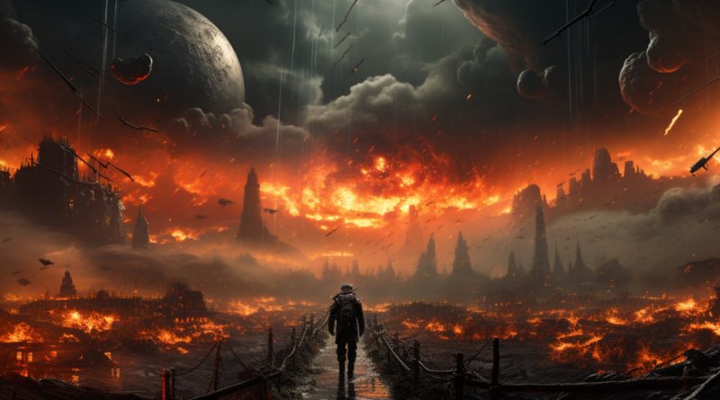 Paysage apocalyptique en flammes, silhouette solitaire avançant vers une ville détruite sous un ciel sombre et chargé de météorites, symbolisant une crise majeure et un effondrement imminent