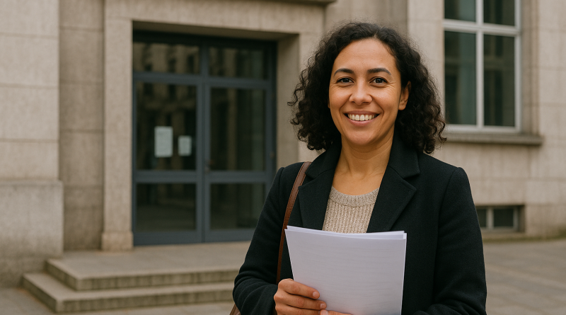 Femme souriante dans un espace urbain administratif