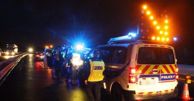 Contrôle routier nocturne avec forces de l’ordre intervenant sur une voie rapide, gyrophares allumés et signalisation lumineuse indiquant un danger après une alcoolémie extrême