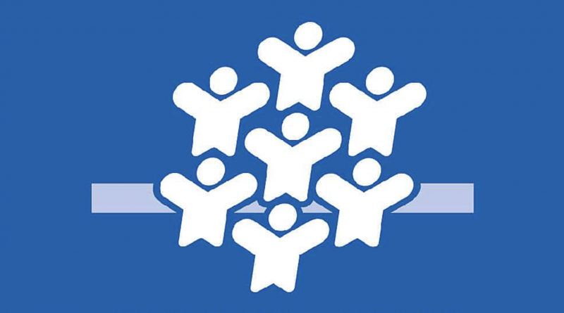 Personnages stylisés blancs formant une structure géométrique sur fond bleu uni.