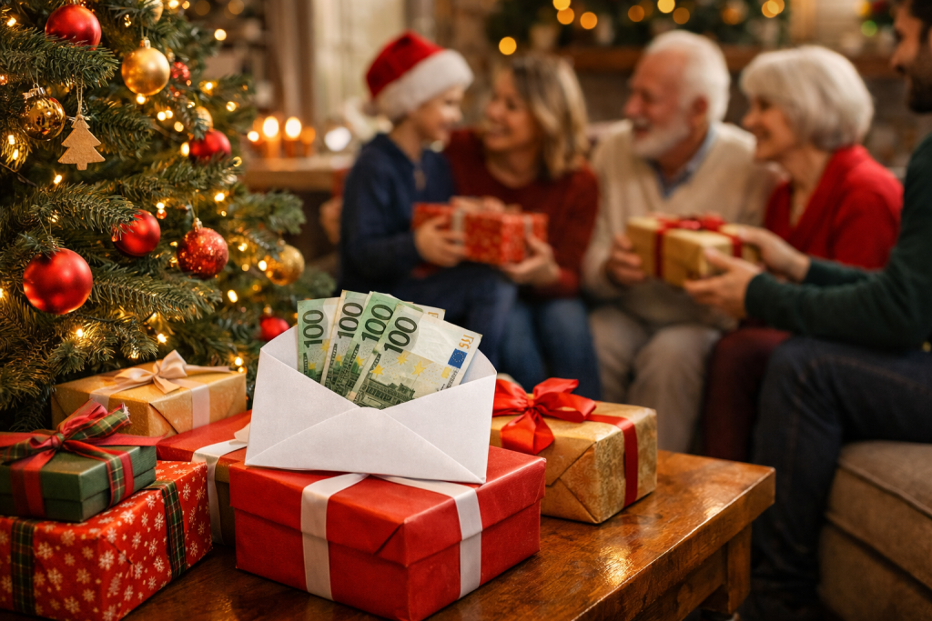 scène de cadeaux de Noël échangés en famille dans un salon chaleureux