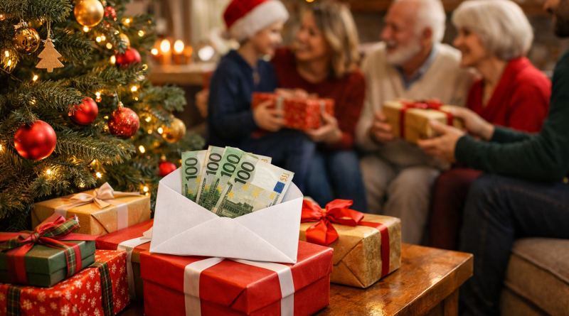 scène de cadeaux de Noël échangés en famille dans un salon chaleureux