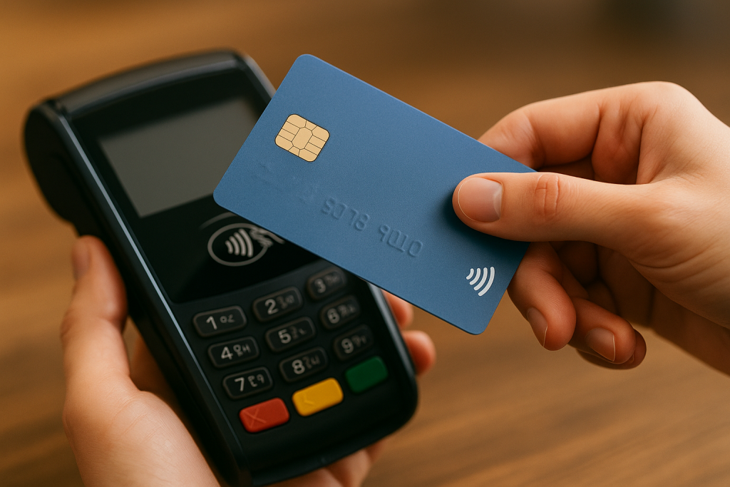 Geste d’un achat sans contact avec une carte bancaire en gros plan.