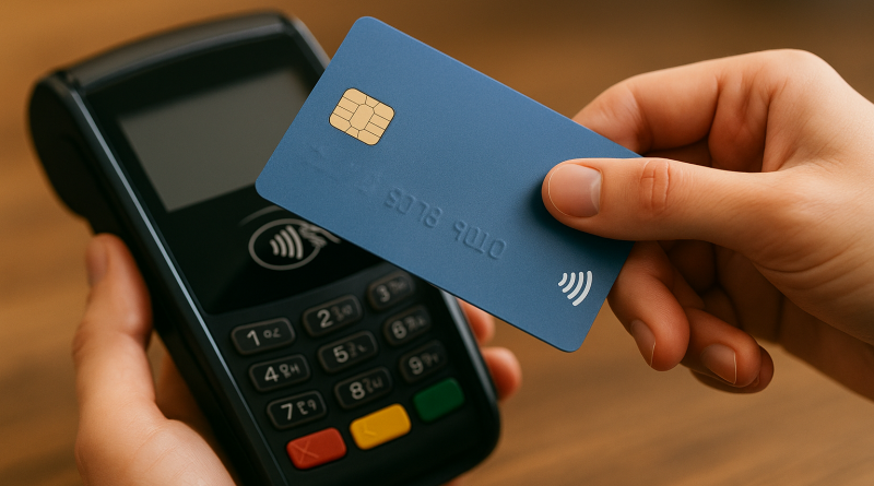 Geste d’un achat sans contact avec une carte bancaire en gros plan.