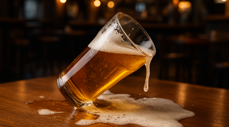 Un verre de bière renversé sur une table en bois avec de la mousse qui s’écoule dans un bar chaleureux