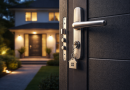 Porte d’entrée moderne avec serrure renforcée et clés insérées, maison éclairée en arrière-plan au crépuscule
