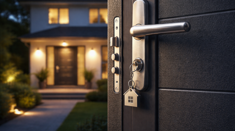 Porte d’entrée moderne avec serrure renforcée et clés insérées, maison éclairée en arrière-plan au crépuscule