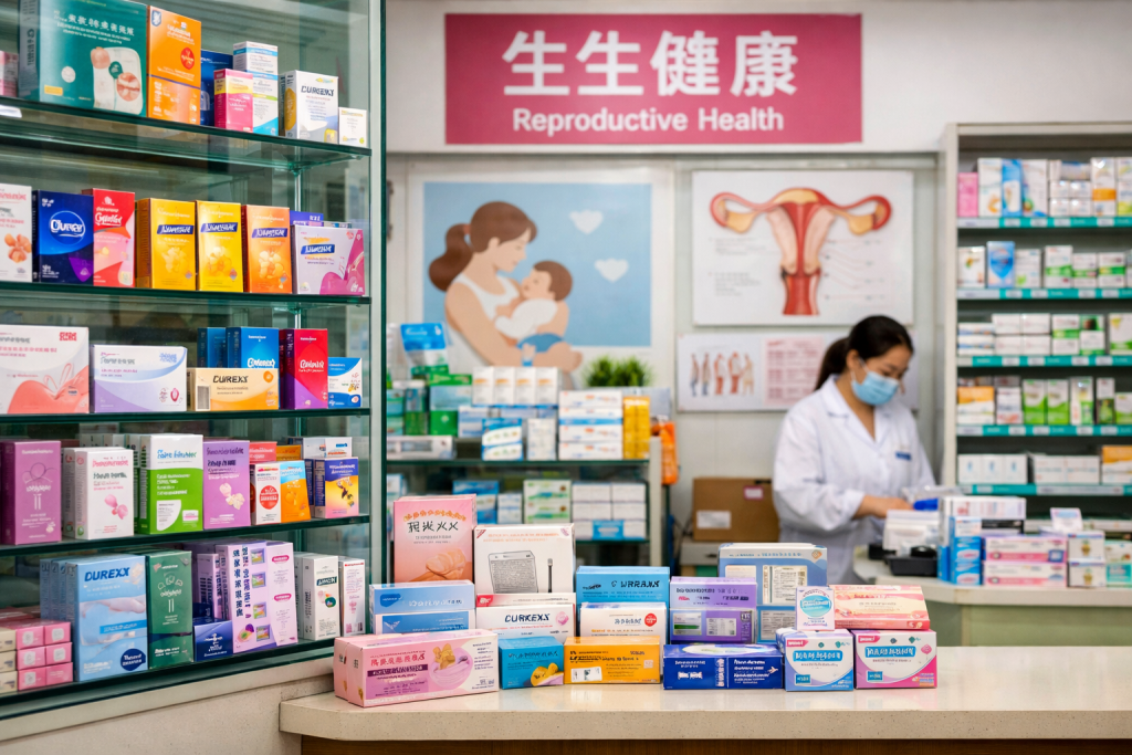 Vue extérieure d’un centre de santé avec affichage de produits de santé reproductive.