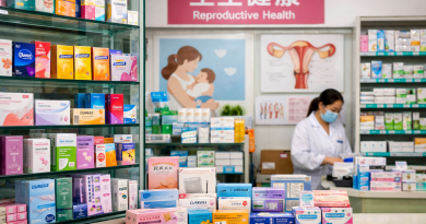 Vue extérieure d’un centre de santé avec affichage de produits de santé reproductive.