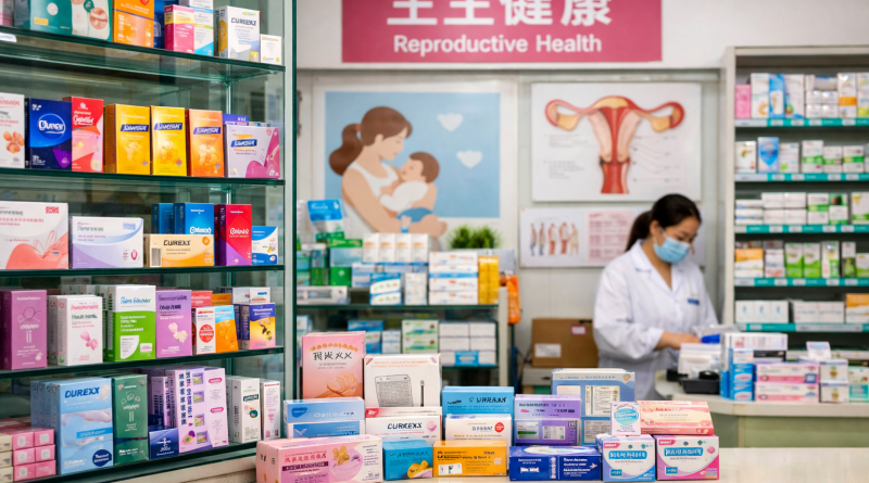 Vue extérieure d’un centre de santé avec affichage de produits de santé reproductive.