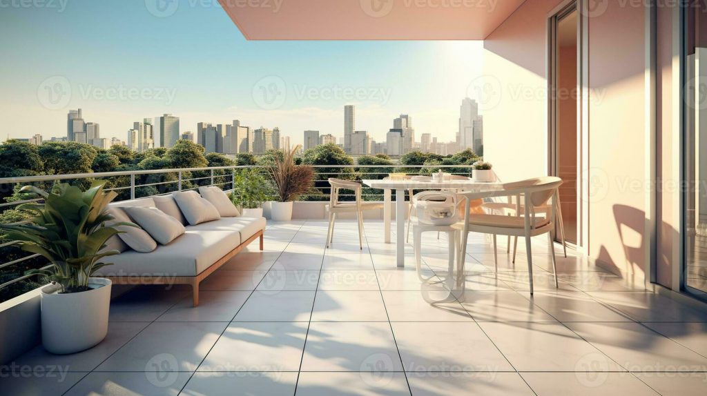 Balcon d’appartement moderne aménagé avec mobilier d’extérieur, plantes et vue urbaine, illustrant un espace à usage privé mais juridiquement encadré en copropriété