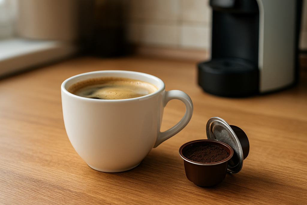 Tasse de café fumante posée sur une table de cuisine, capsule ouverte à côté, ambiance domestique, lumière naturelle.