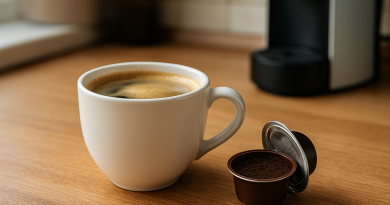 Tasse de café fumante posée sur une table de cuisine, capsule ouverte à côté, ambiance domestique, lumière naturelle.