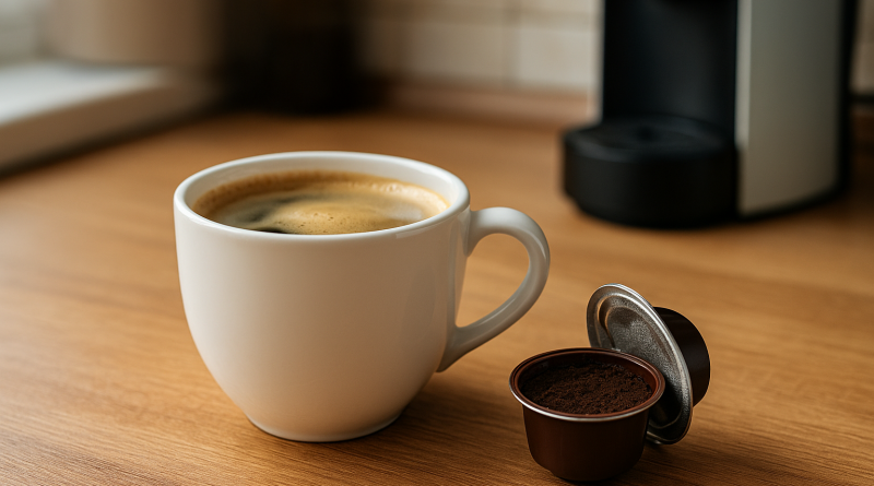 Tasse de café fumante posée sur une table de cuisine, capsule ouverte à côté, ambiance domestique, lumière naturelle.