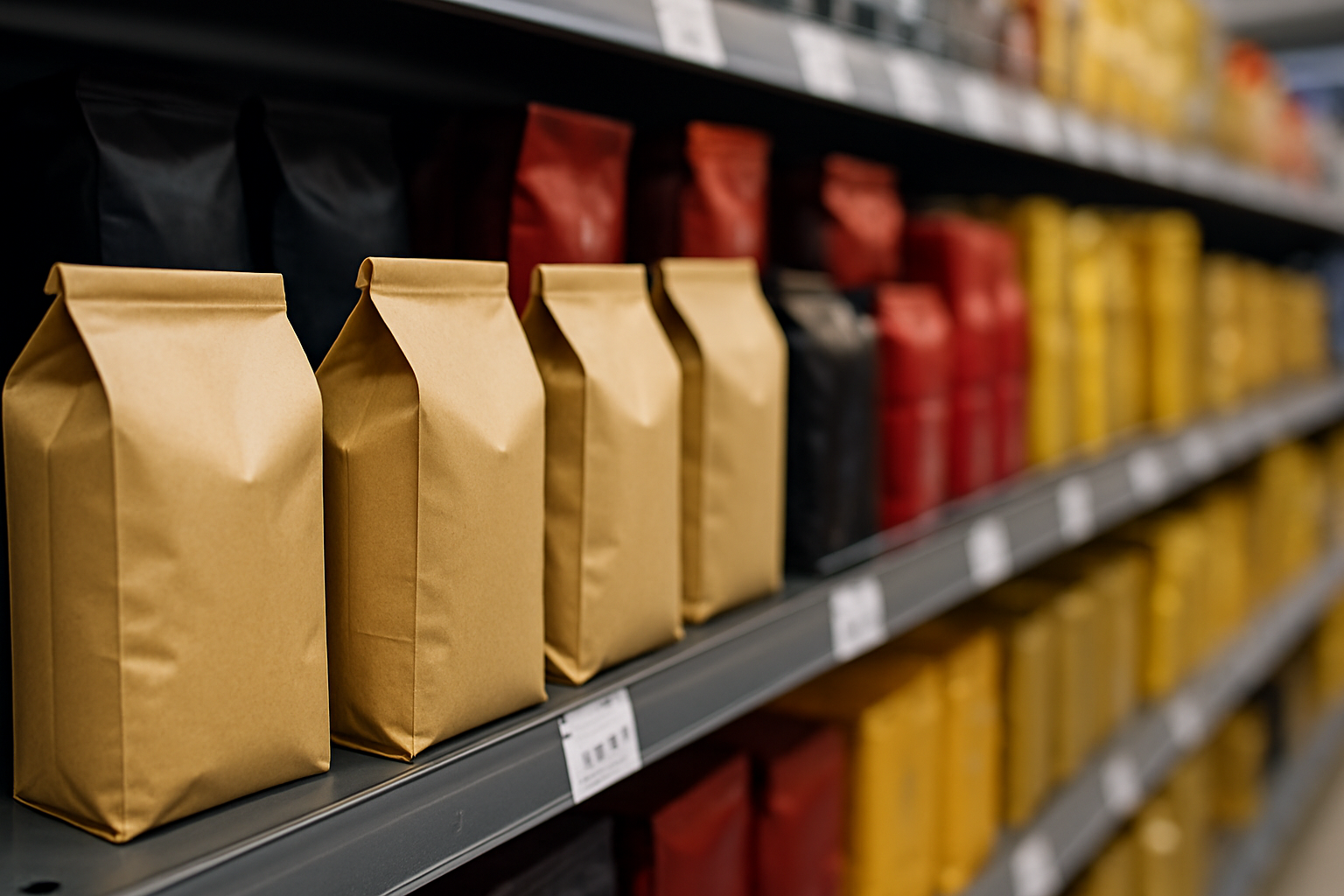 Gros plan sur des paquets de café alignés sur un rayon de supermarché, sans étiquette visible.