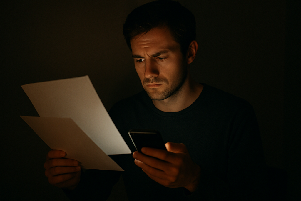 Personne observant attentivement des documents papier tout en consultant un smartphone dans une ambiance sombre et introspective