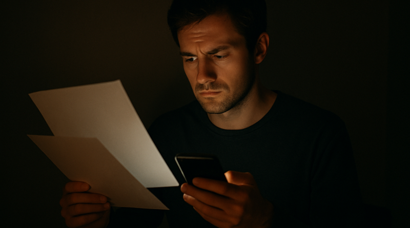 Personne observant attentivement des documents papier tout en consultant un smartphone dans une ambiance sombre et introspective
