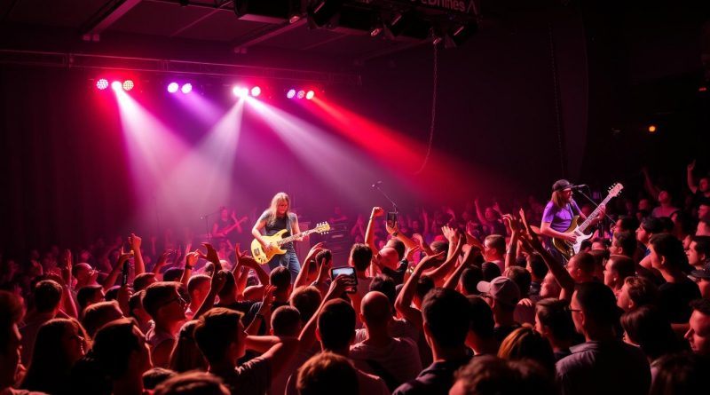 Concert rock sur une scène éclairée de lumières rouges et violettes, avec un chanteur et un guitariste face à une foule compacte de spectateurs levant les bras.