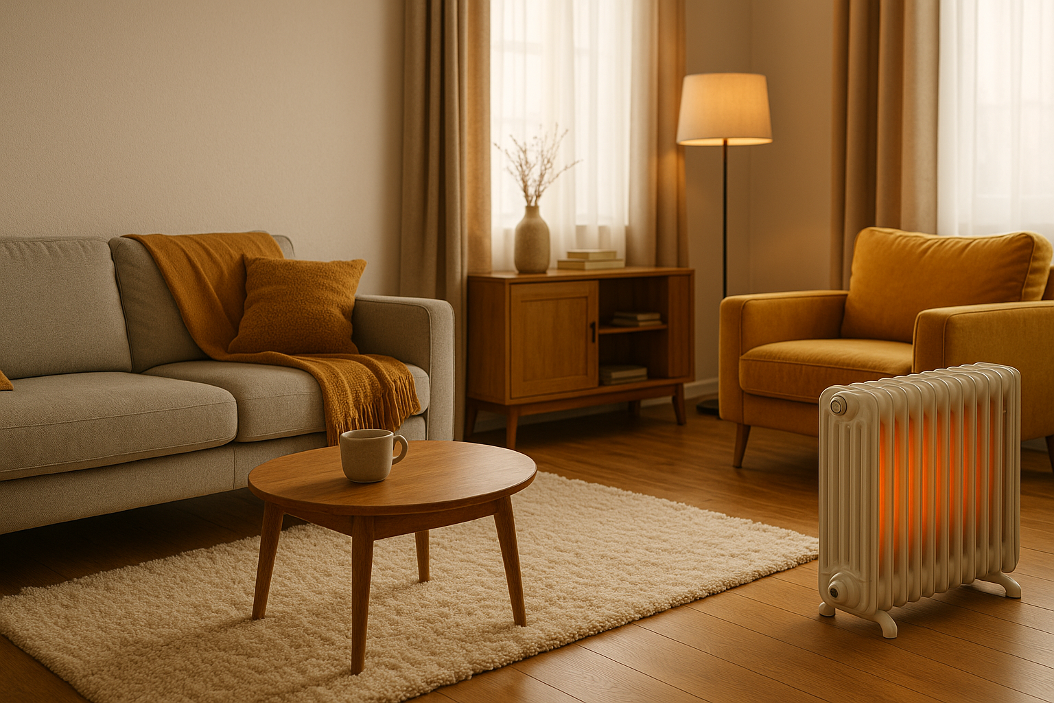 Intérieur d’un salon chaleureux avec un radiateur allumé, un canapé clair, un fauteuil ocre, une table basse en bois et une lumière douce.