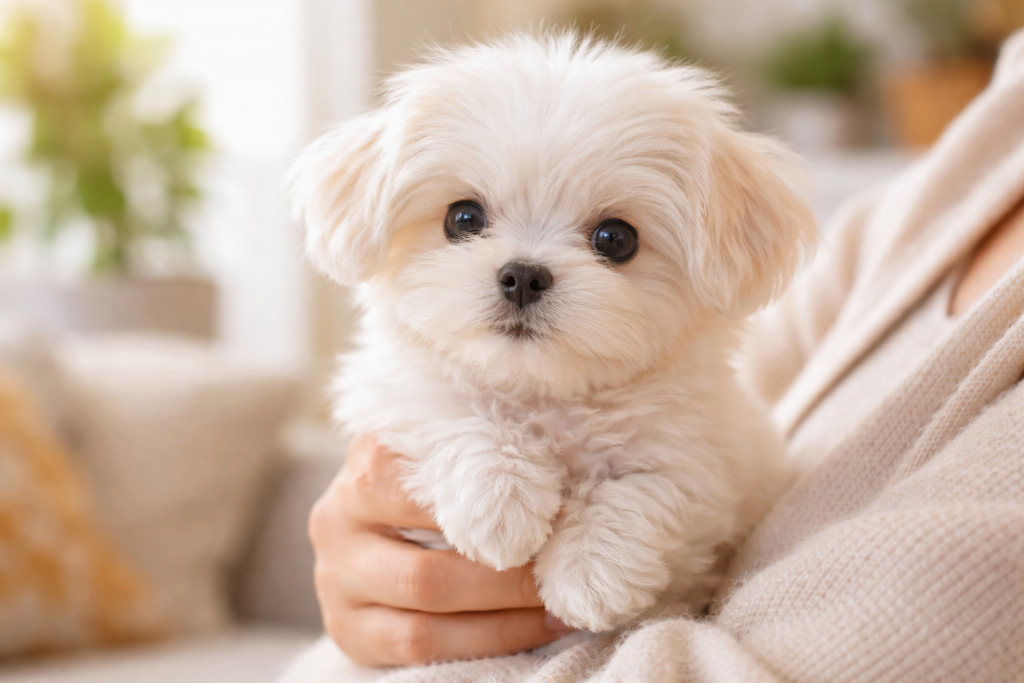 Petit chien au pelage blanc et soyeux, tenu dans des bras humains, avec de grands yeux expressifs, illustrant un chien qui reste petit toute sa vie