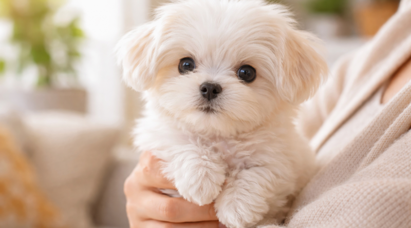 Petit chien au pelage blanc et soyeux, tenu dans des bras humains, avec de grands yeux expressifs, illustrant un chien qui reste petit toute sa vie
