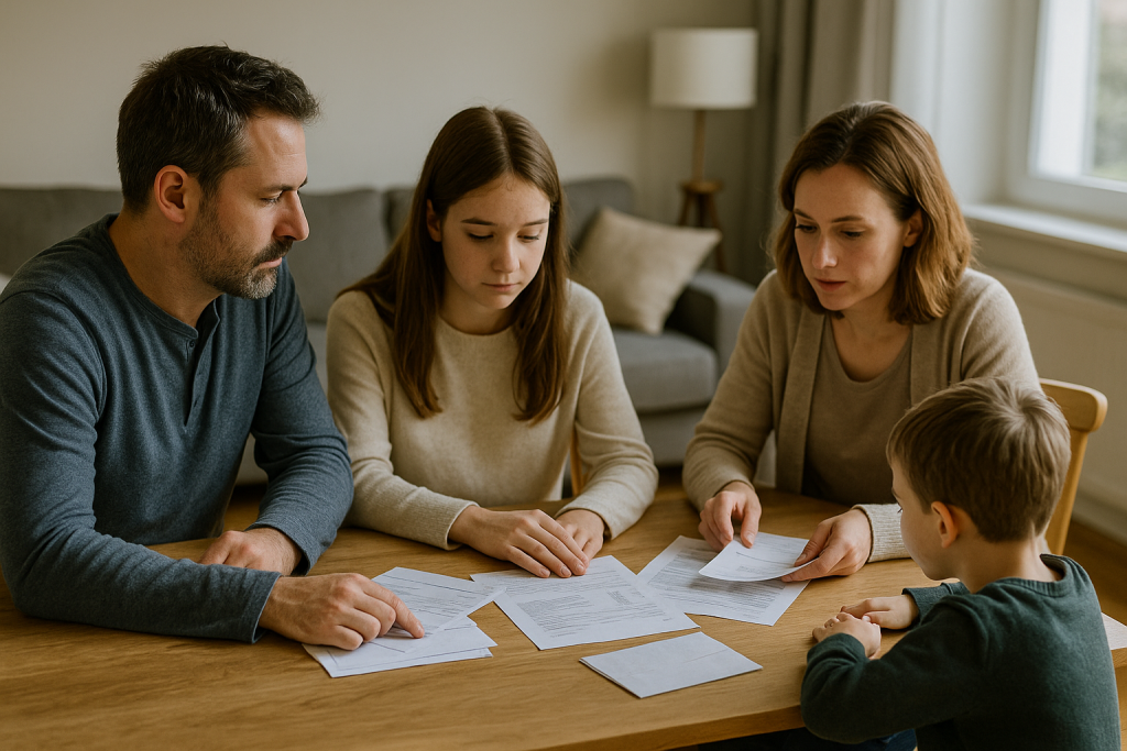 Une famille assise autour d'une table en bois, examinant des documents financiers.