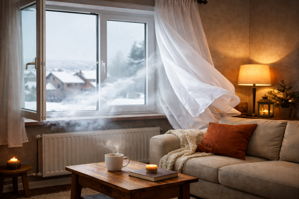 Salon chaleureux en hiver avec une fenêtre grande ouverte laissant entrer l’air froid et des rideaux soulevés par le vent.