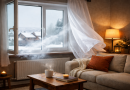 Salon chaleureux en hiver avec une fenêtre grande ouverte laissant entrer l’air froid et des rideaux soulevés par le vent.