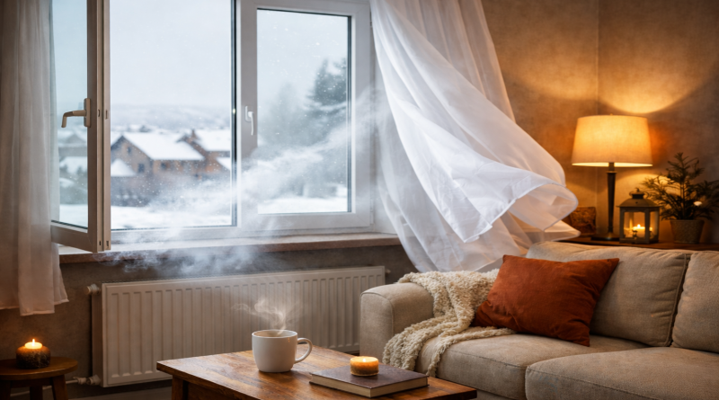 Salon chaleureux en hiver avec une fenêtre grande ouverte laissant entrer l’air froid et des rideaux soulevés par le vent.
