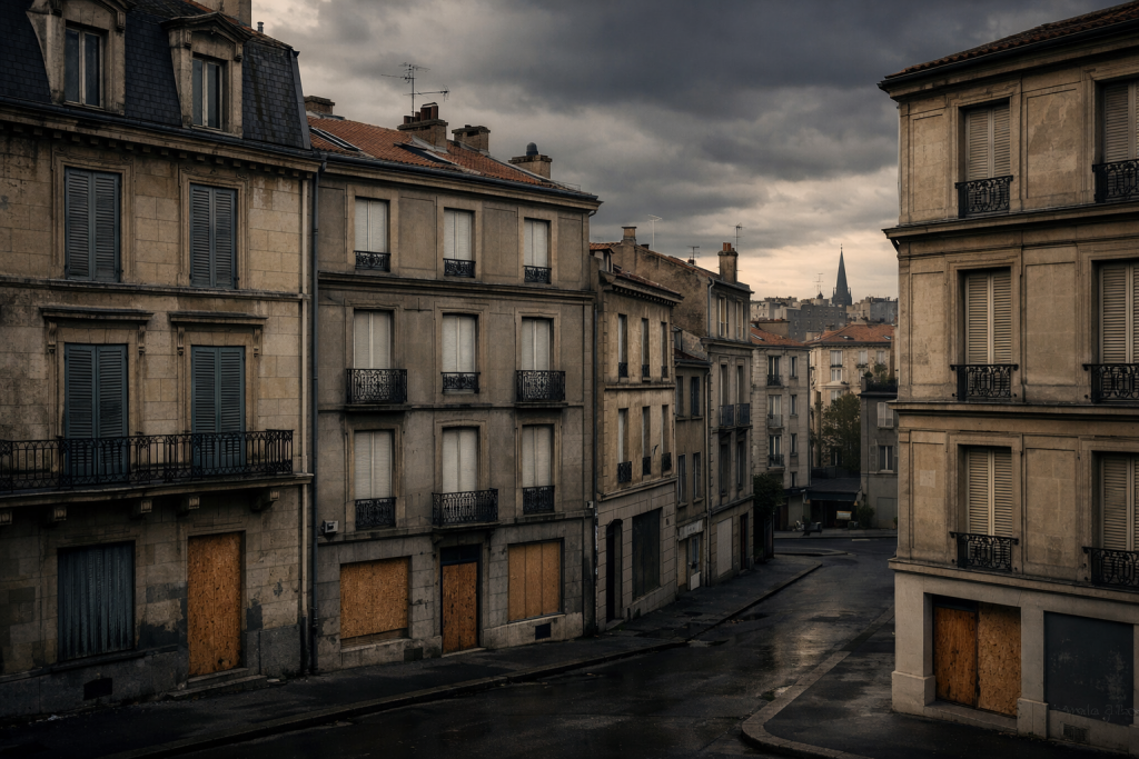 Immeubles d’habitation aux portes closes dans une grande ville française, symbolisant la pénurie de logements et le débat sur leur réquisition.