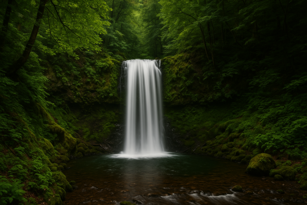 Chute d’eau en pleine forêt, tombant dans un bassin naturel entouré de mousse et de végétation dense, dans une ambiance calme et verdoyante.