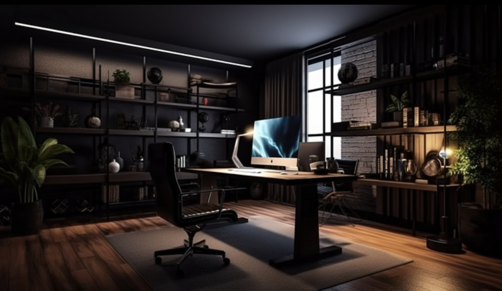 Bureau moderne plongé dans une lumière tamisée, ordinateur allumé sur un bureau en bois, étagères remplies de dossiers et de livres, ambiance sombre évoquant une menace numérique et une fuite de données personnelles